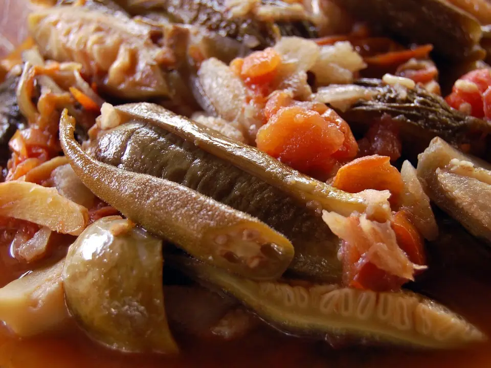 Close-up of pinakbet with squash, eggplant, okra and bitter gourd
